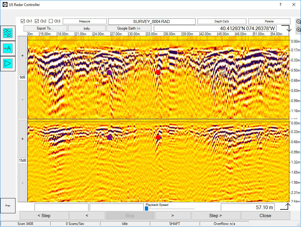Sample GPR data display showing subsurface anomalies