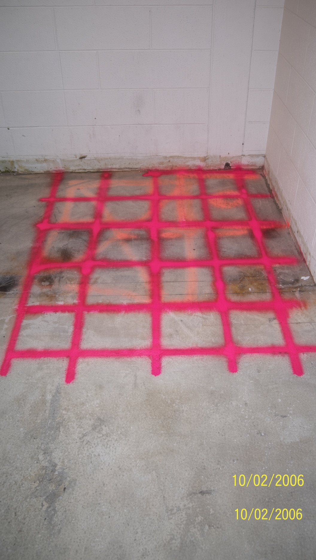 Concrete floor with pink paint marks showing location of metal reinforcing prior to coring